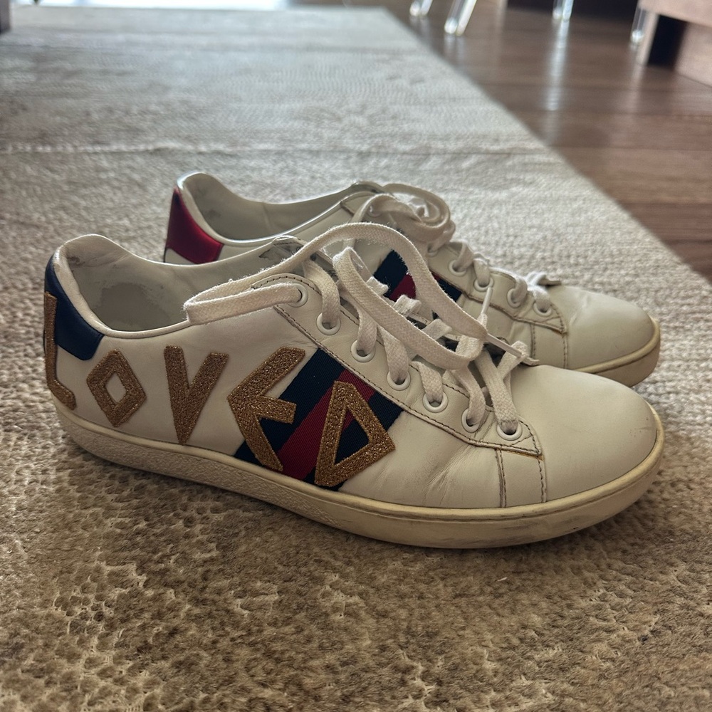 GUCCI Ace Loved sneakers.  Gold embroidered letters. 38 great used condition.